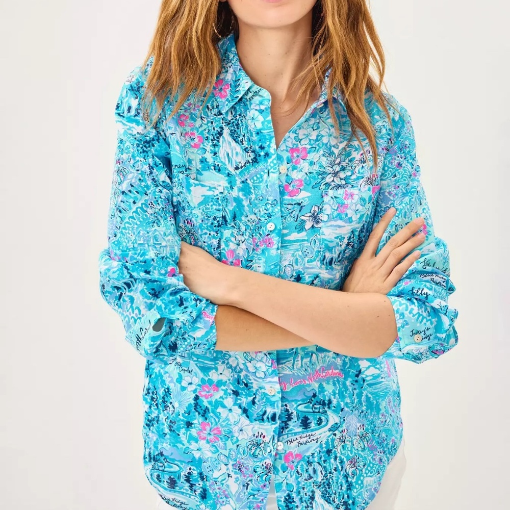 Lilly Pulitzer Aqua Floral Button-Down Shirt with Pink Highlights